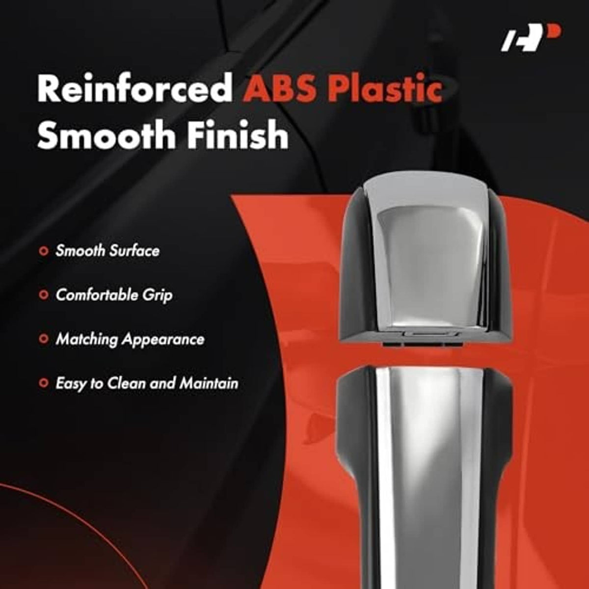 Rear exterior door handle with smooth chrome finish and black grip housing