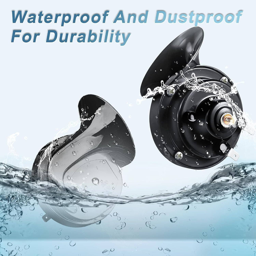 Waterproof dual electric car horns, black snail housings with water droplets