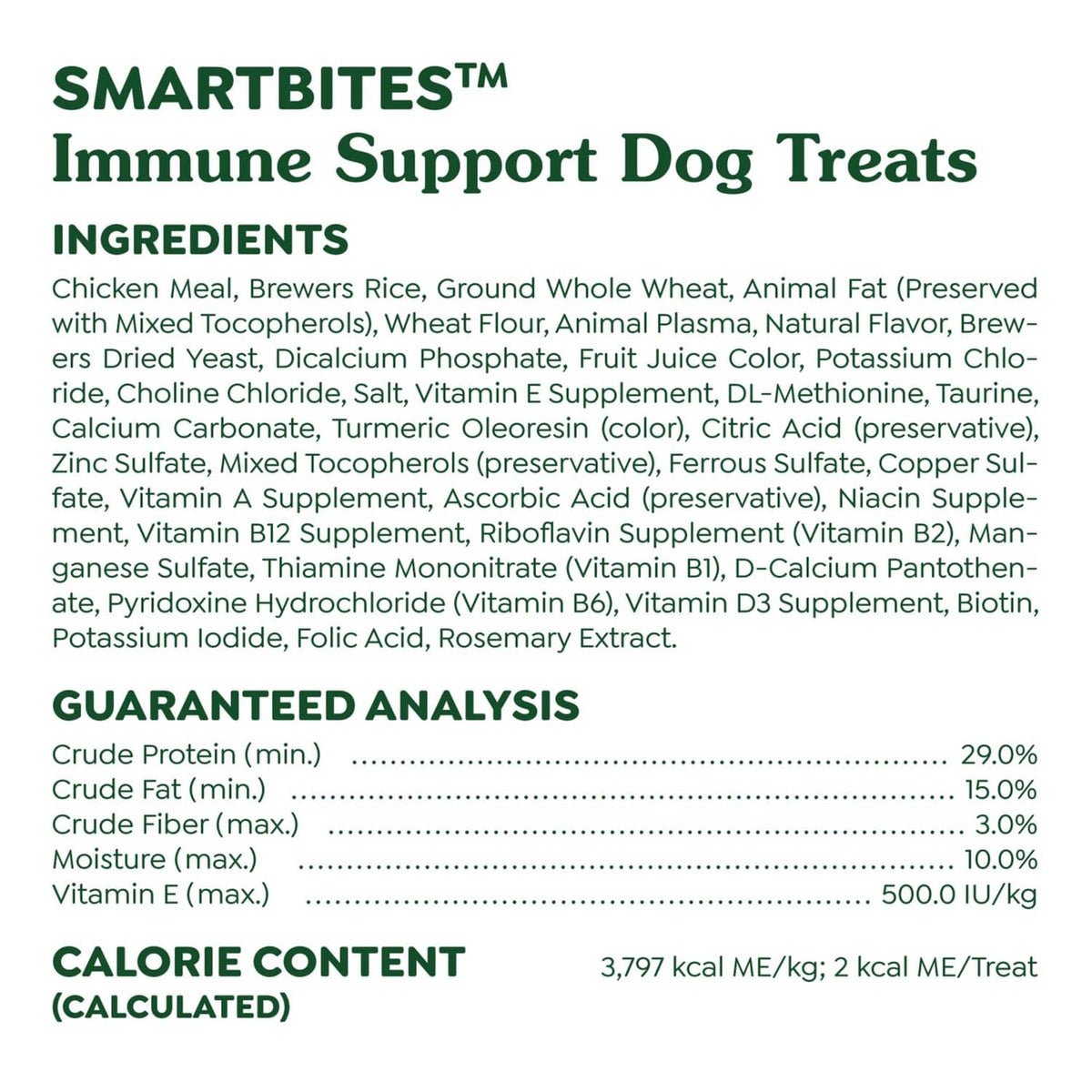 Smartbites immune support dog treats label with ingredients and guaranteed analysis