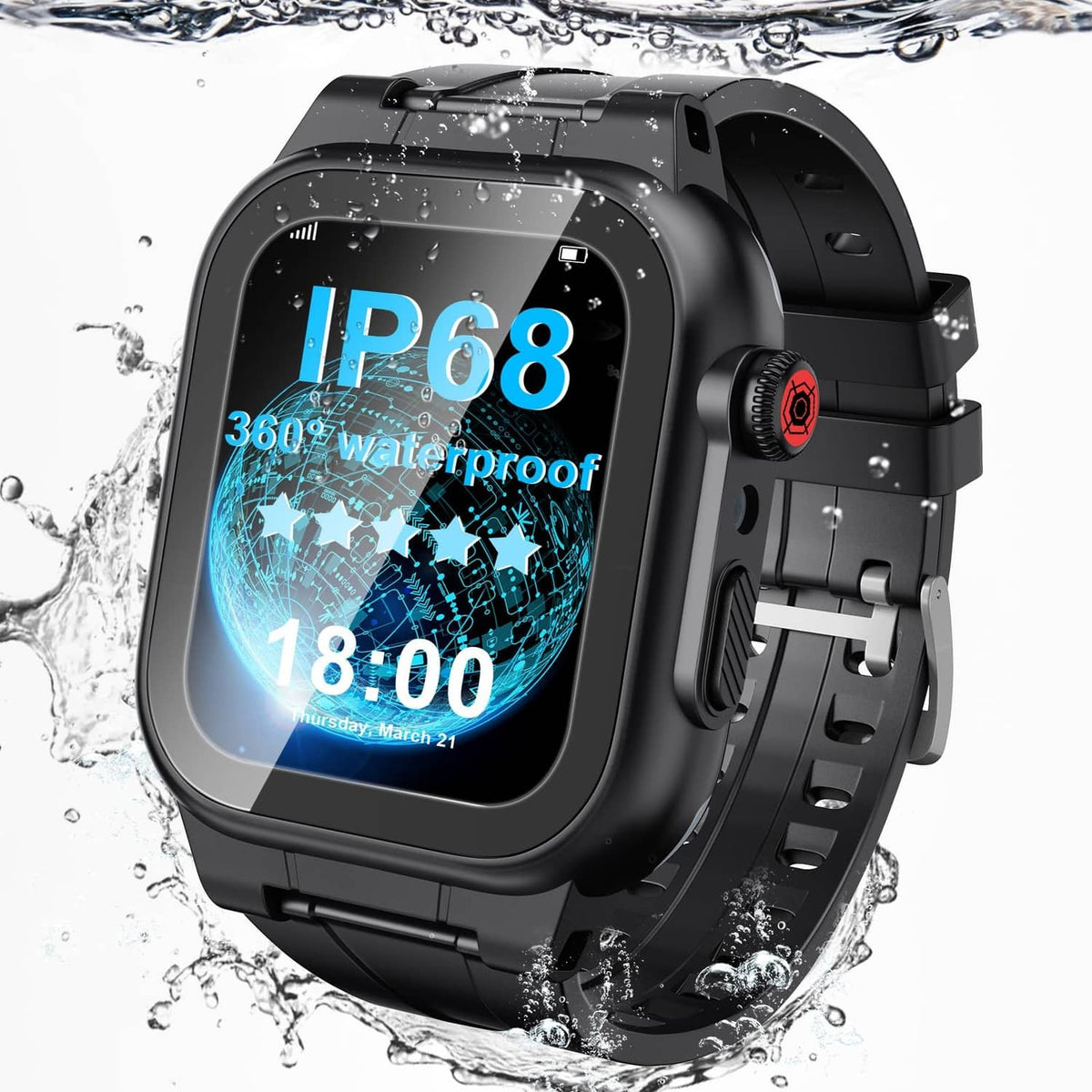 Black waterproof smartwatch case with clear screen protector and rugged strap