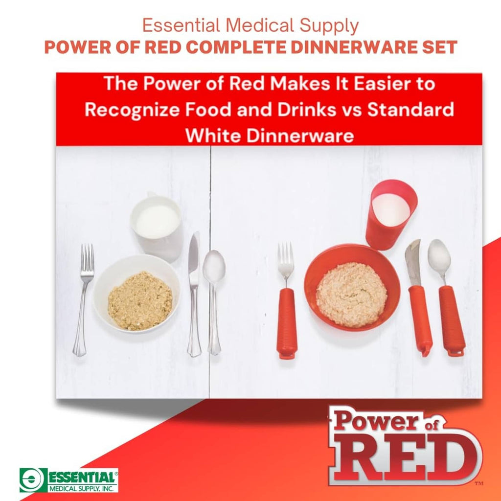 Red adaptive dinnerware set layout with bowl, plate, utensils, and cutout cup