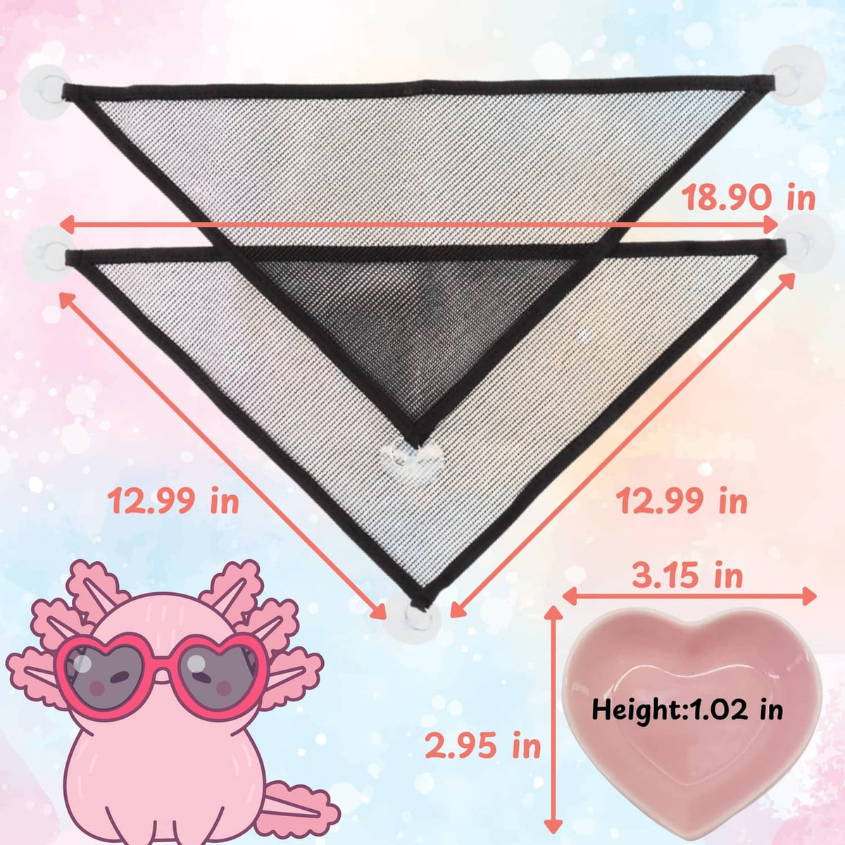 Black triangular mesh aquarium hammock with suction cups and pink heart dish
