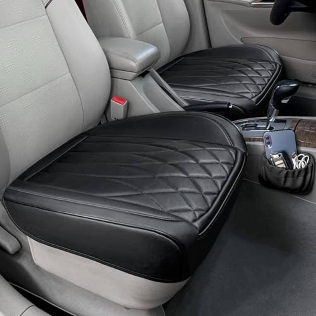 Black quilted leather-look front car seat bottom cushion pair with curved padded design
