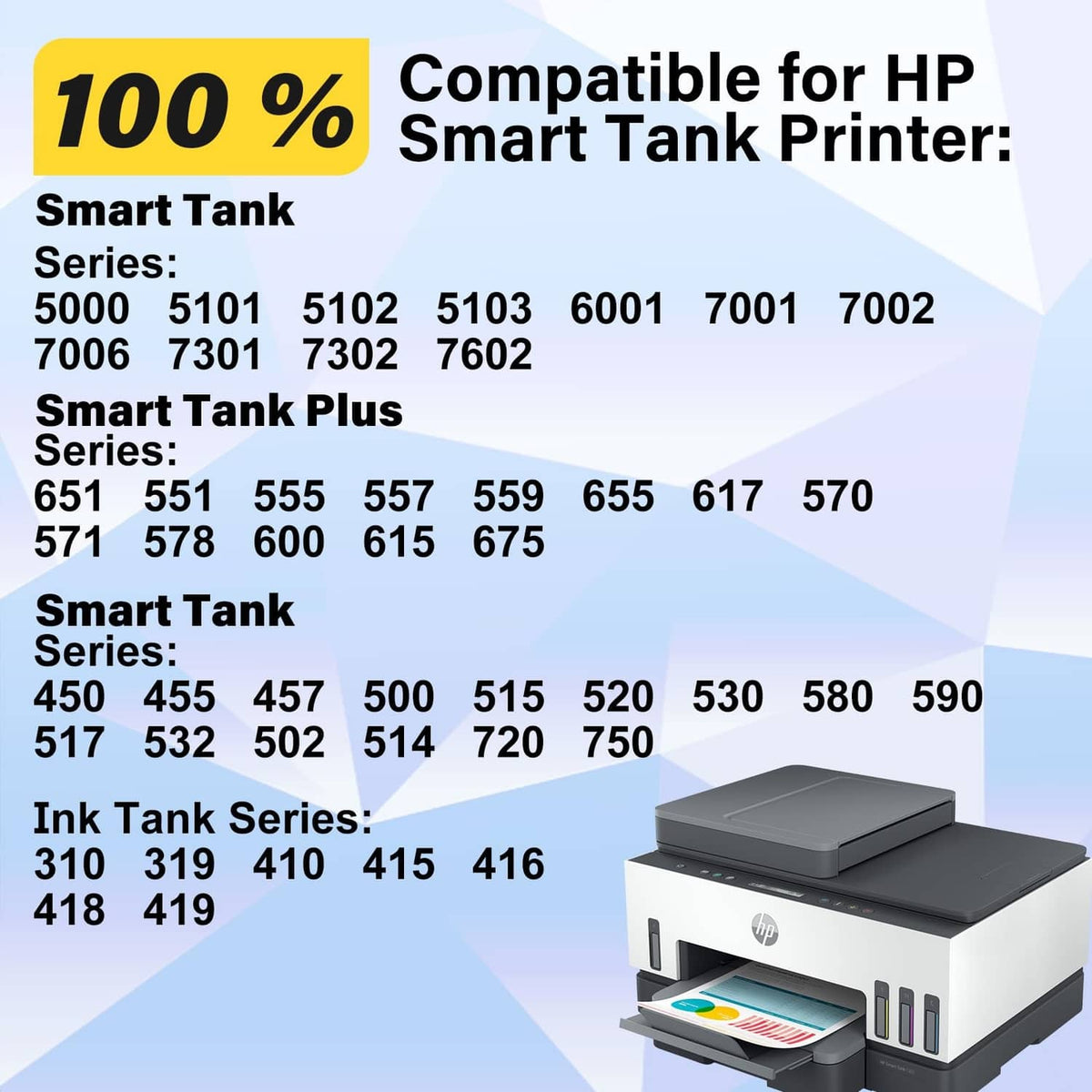 Ink tank compatible printer illustration with color ink tanks and bottle set