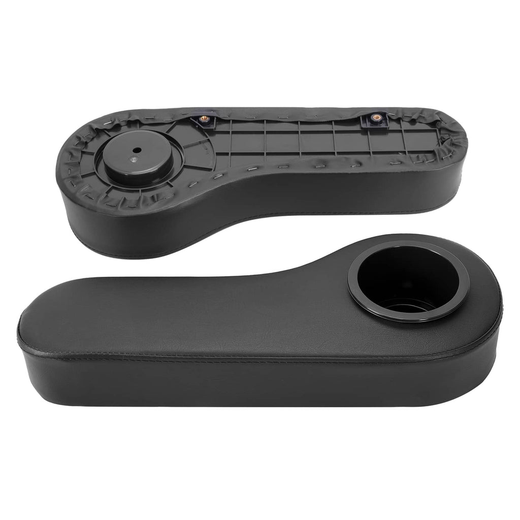 Black rear armrest with circular cup holder openings and underside tray