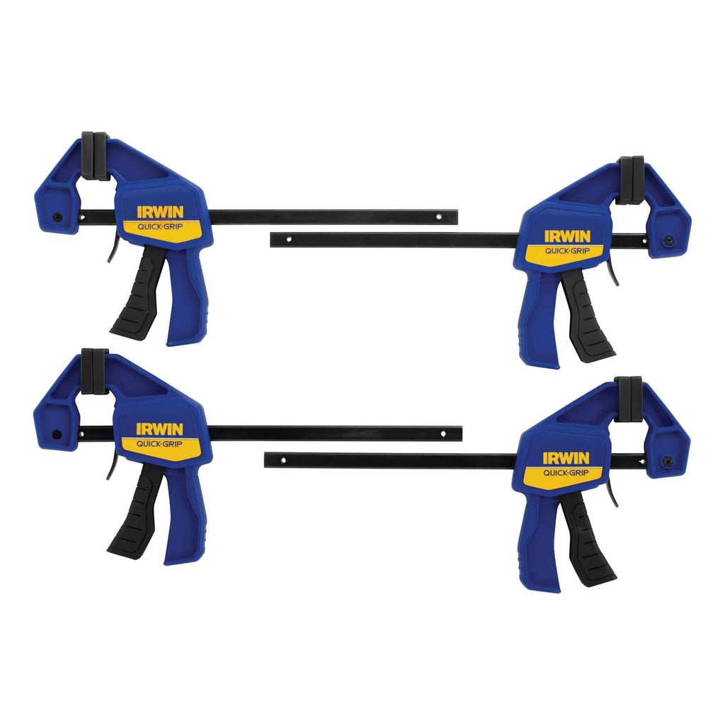 Four blue one-handed mini bar clamps with black horizontal bars, side view