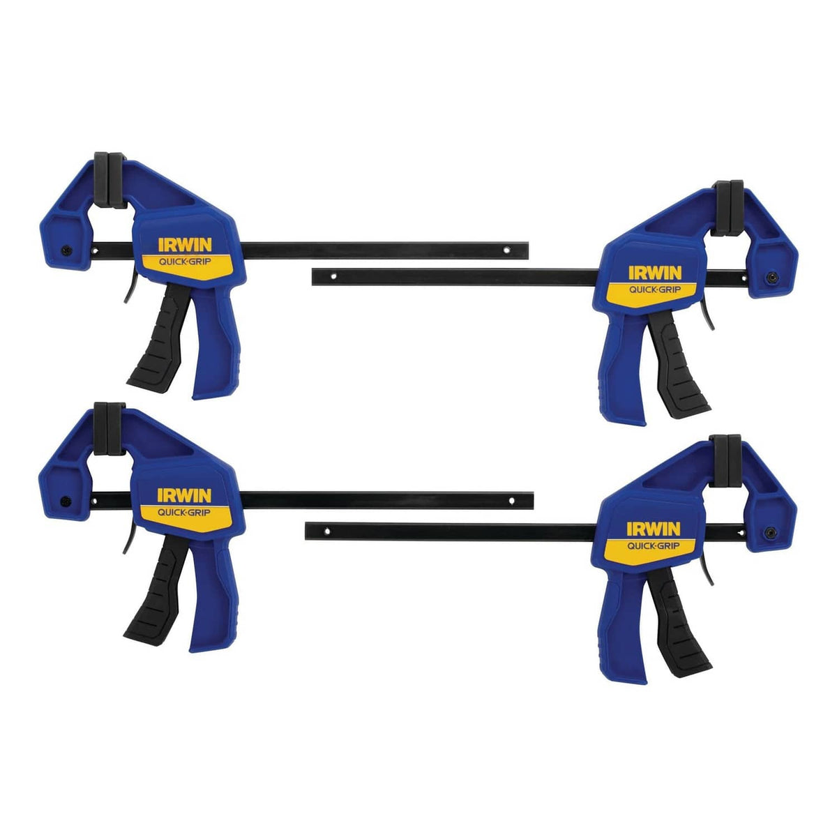 Four blue one-handed mini bar clamps with black horizontal bars, side view