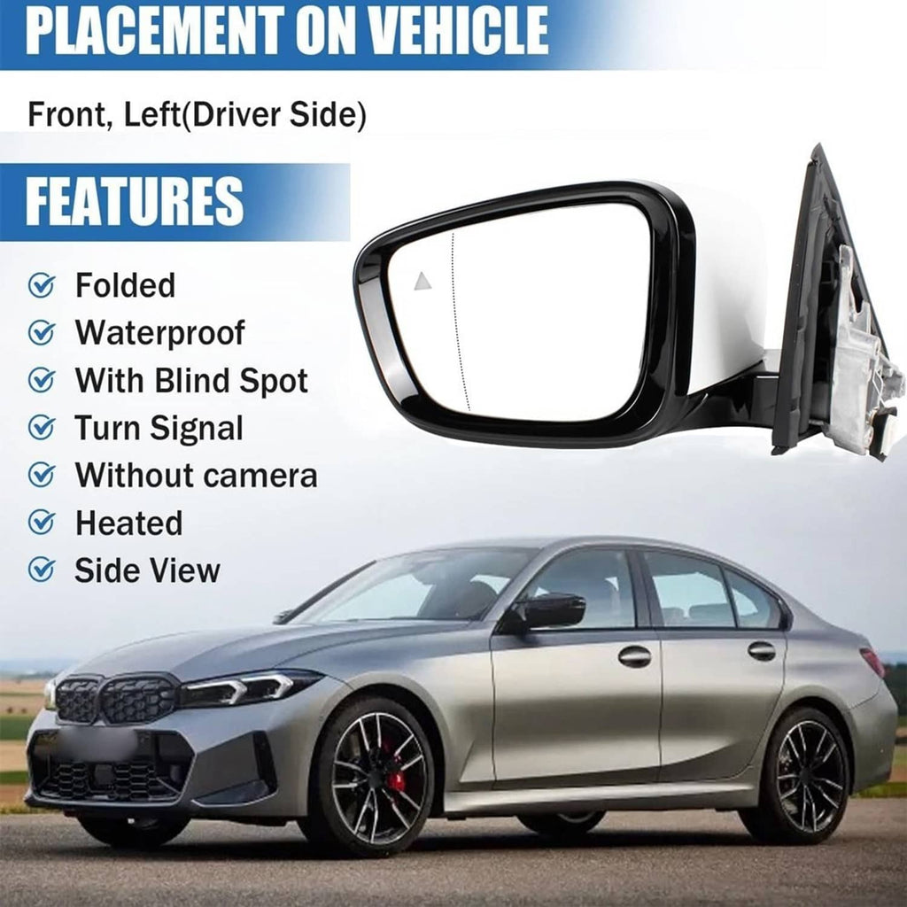 White left driver side mirror with black outer frame, turn-signal style edge and blind spot