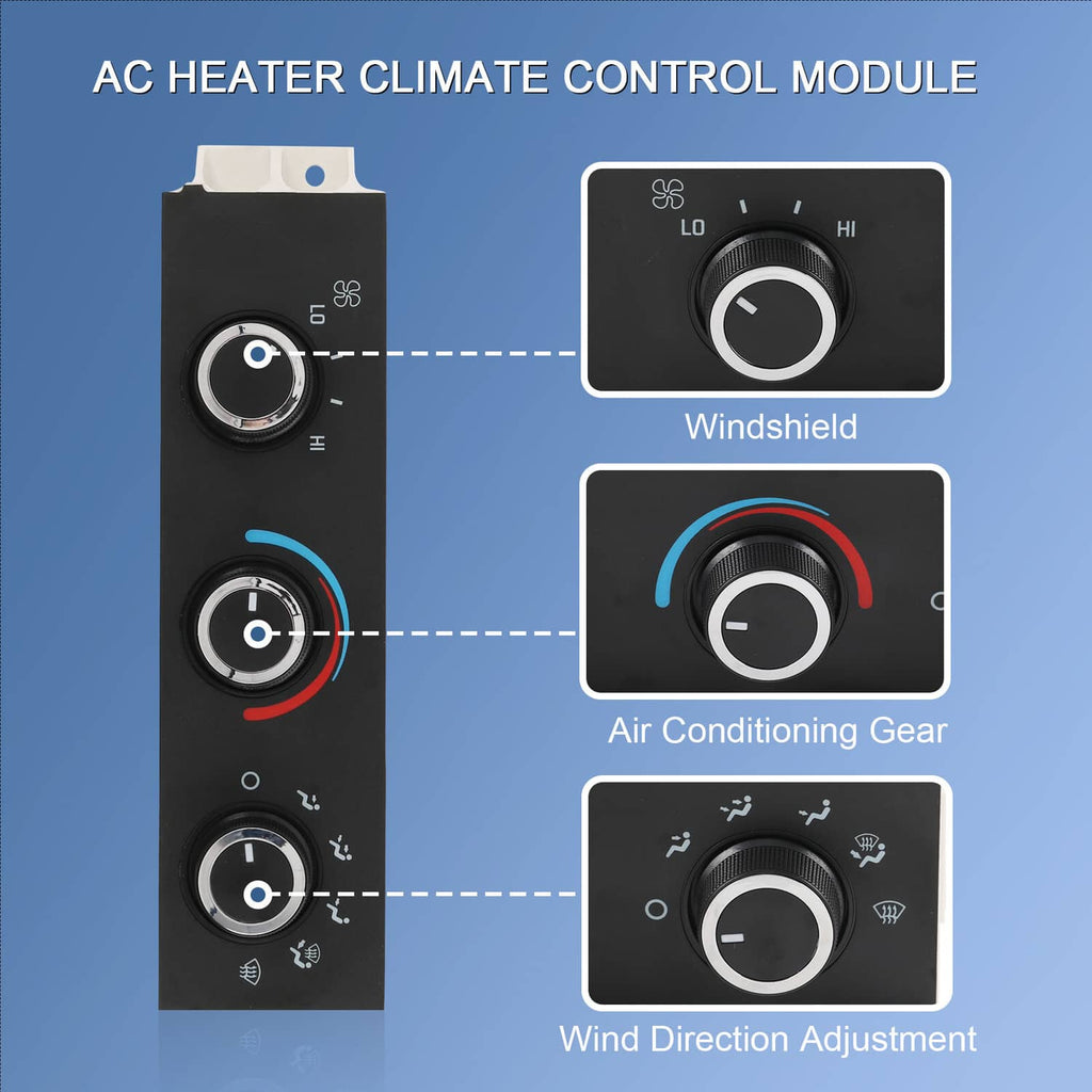 AC heater climate control module showing airflow controls for windshield, gear, and direction
