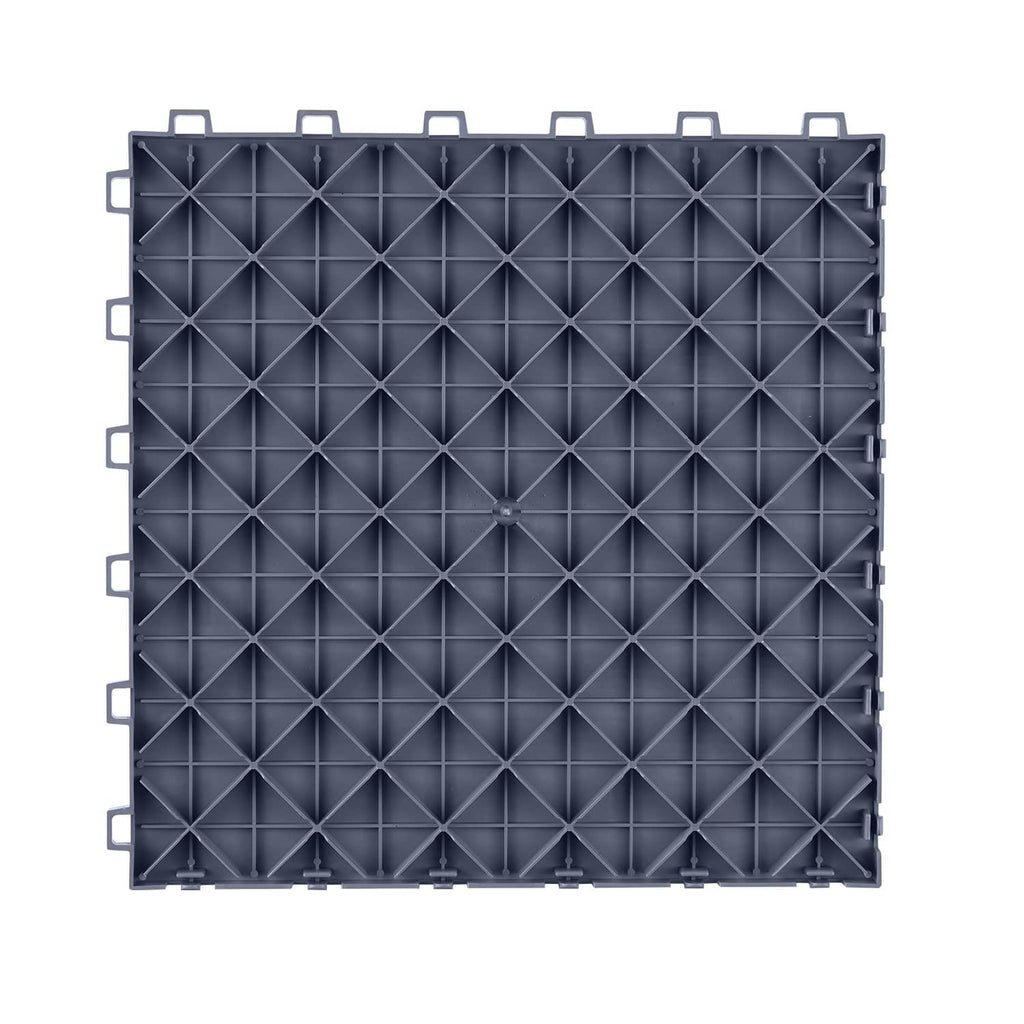 Interlocking garage floor tile underside view, dark graphite gray diamond grid
