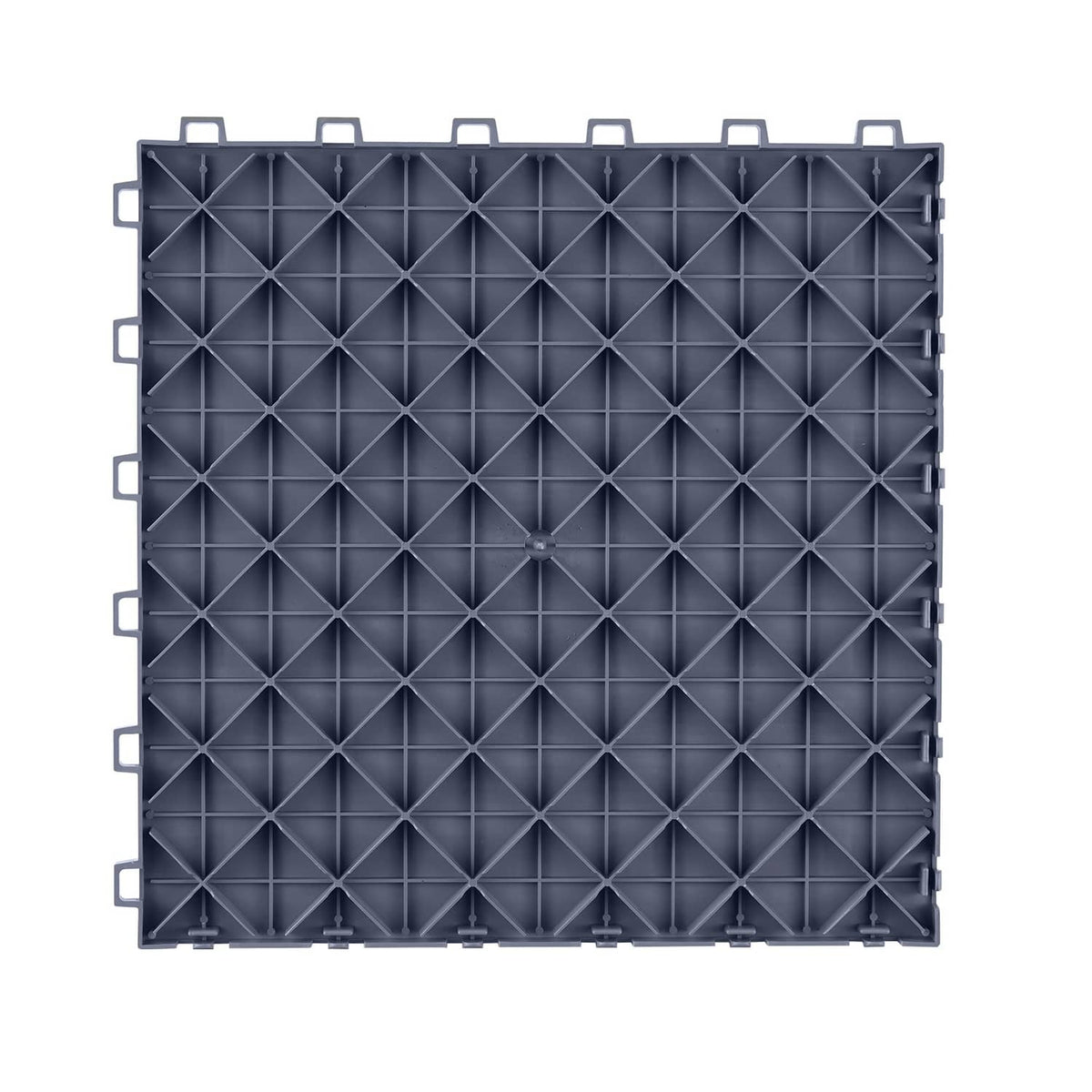 Interlocking garage floor tile underside view, dark graphite gray diamond grid