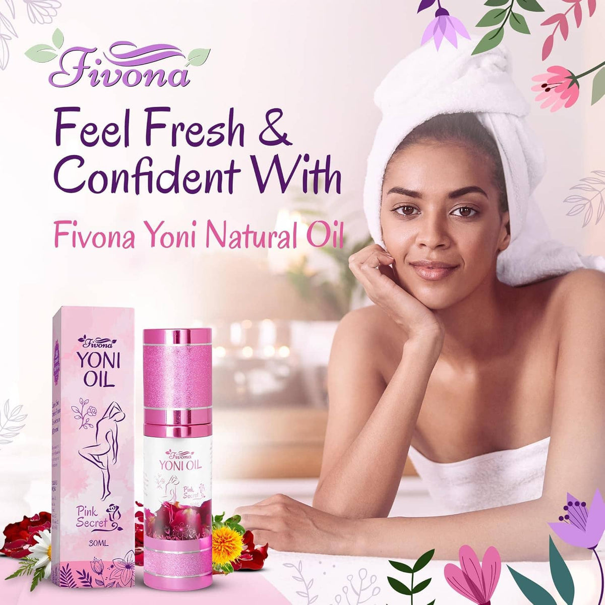 Pink feminine care oil bottle and box beside a towel-wrapped woman holding the bottle