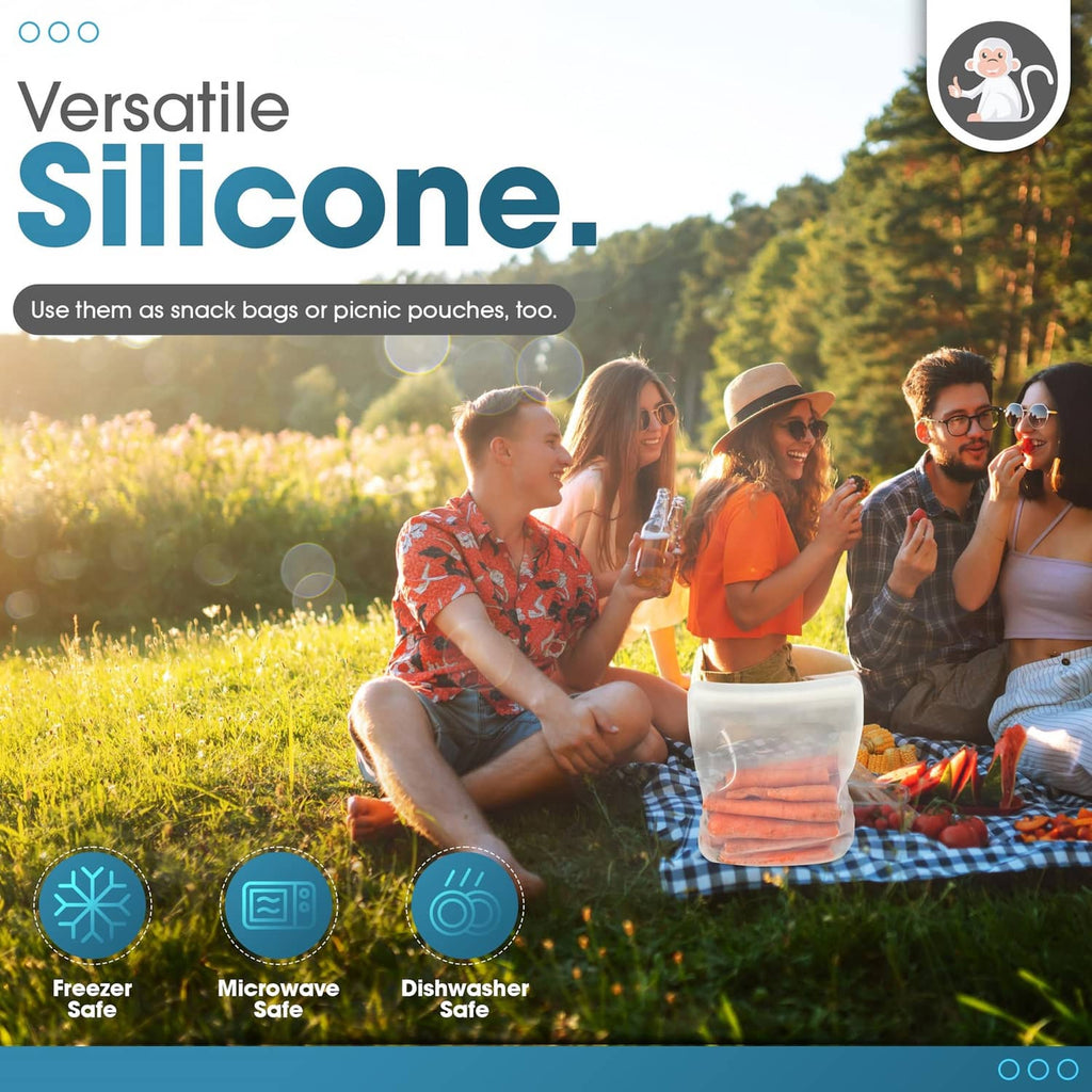 Reusable silicone bag for food storage, shown upright