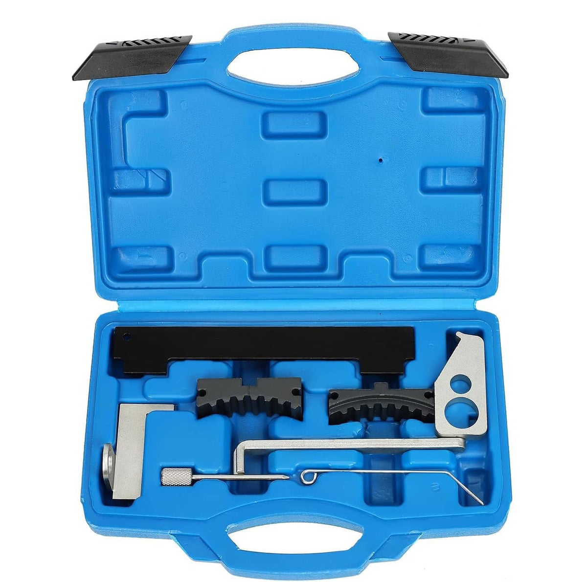 Blue plastic timing tool case with camshaft locking and alignment components inside
