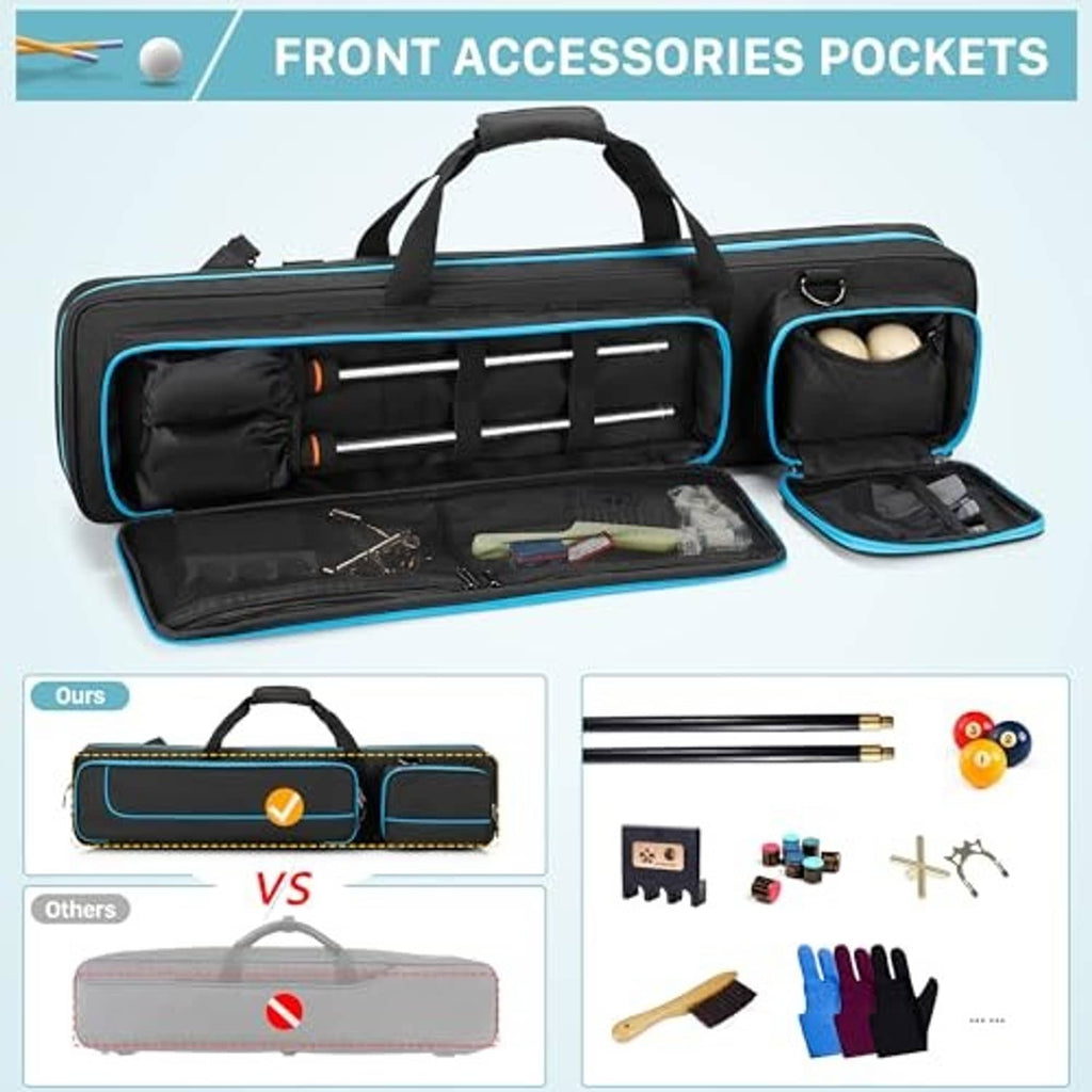 Black pool cue case with blue trim, open interior with padded divider and accessory pouch