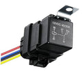 Black 5-pin automotive relay with 12VDC markings and multi-wire harness, mounting tab