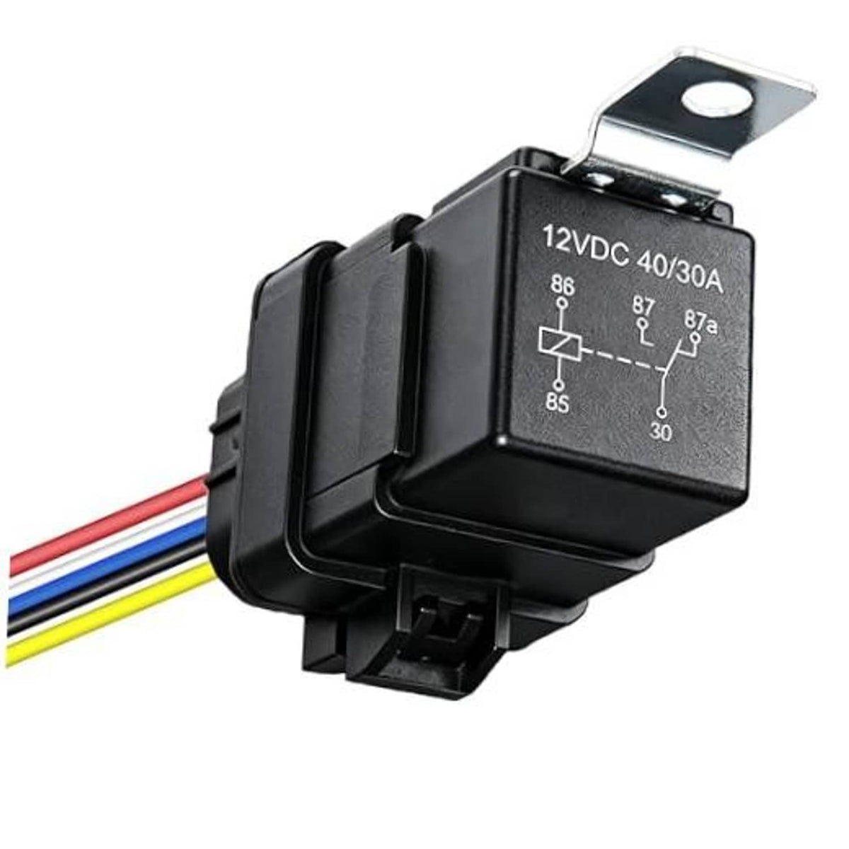 Black 5-pin automotive relay with 12VDC markings and multi-wire harness, mounting tab