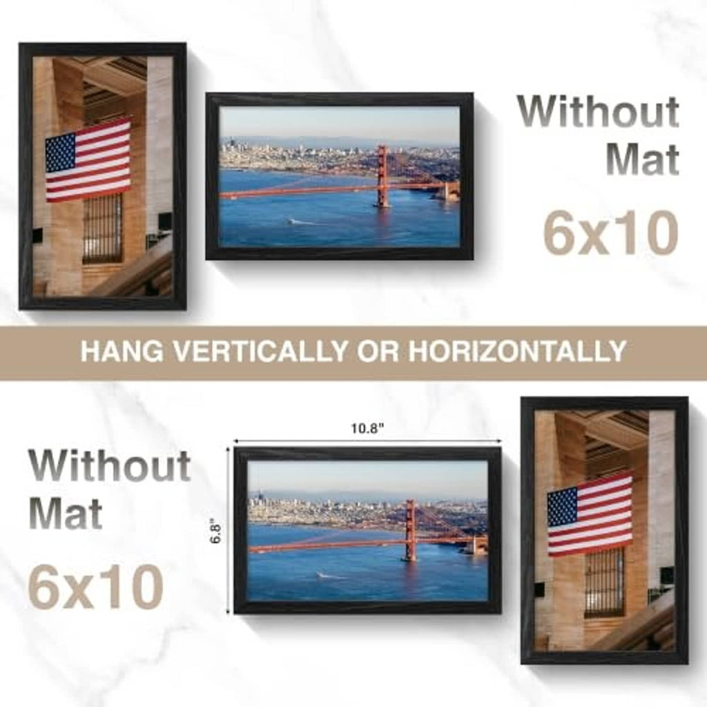 Black wood picture frame with inset photo, shown with “without mat” style.