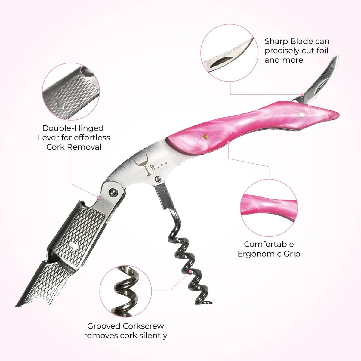 Small wine corkscrew with pink ergonomic grip, hinged lever, and spiral screw
