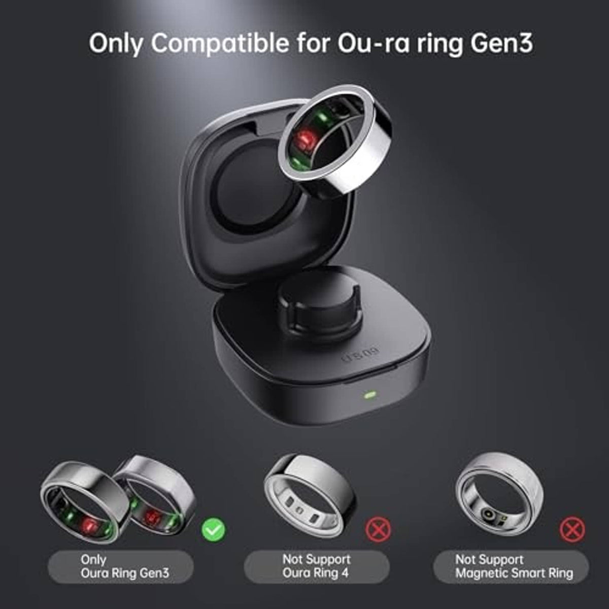 Black wireless ring charger case with metallic ring dock and ring seated in place