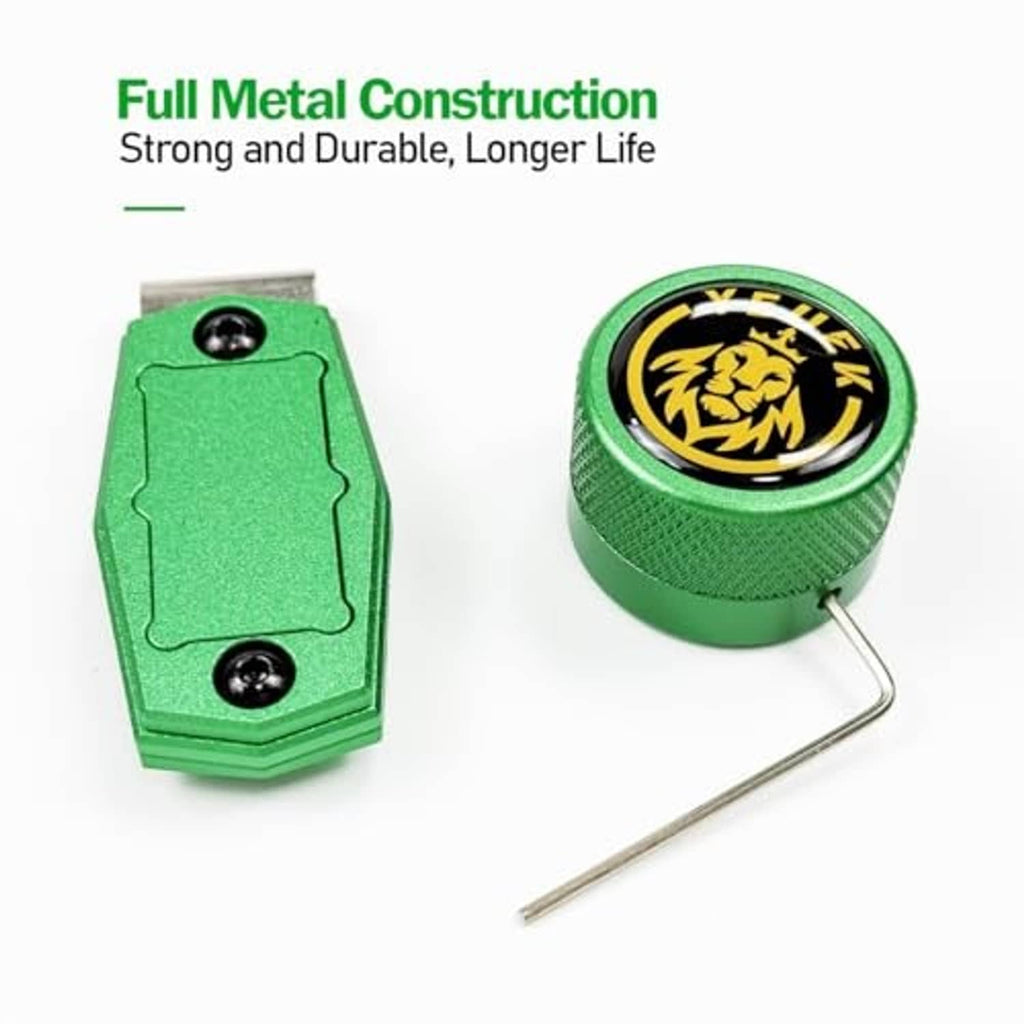Green metal pool chalk holder with round cap and back clip, plus hex key