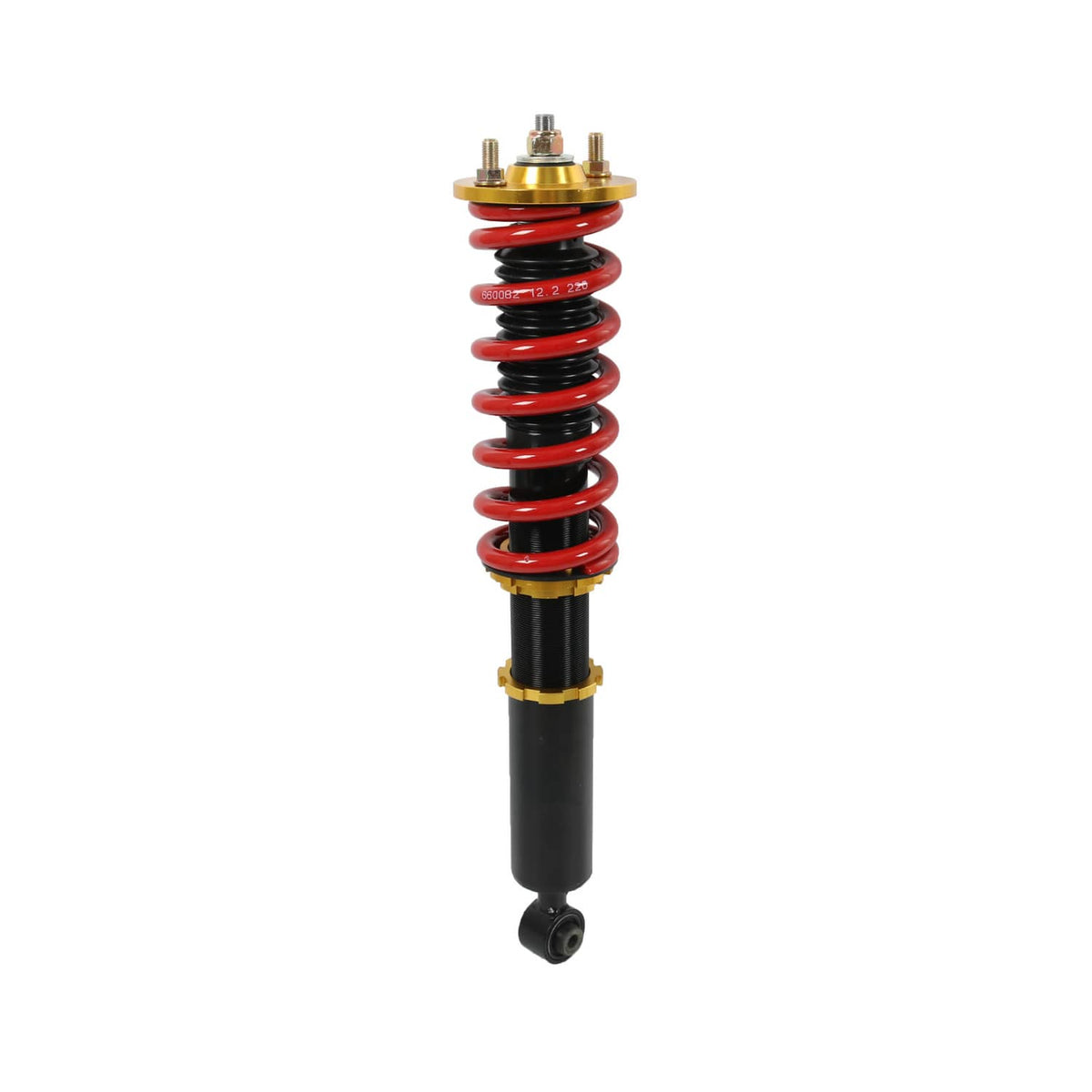 Coilover shock absorber with red spring and black body, gold adjuster collar at top