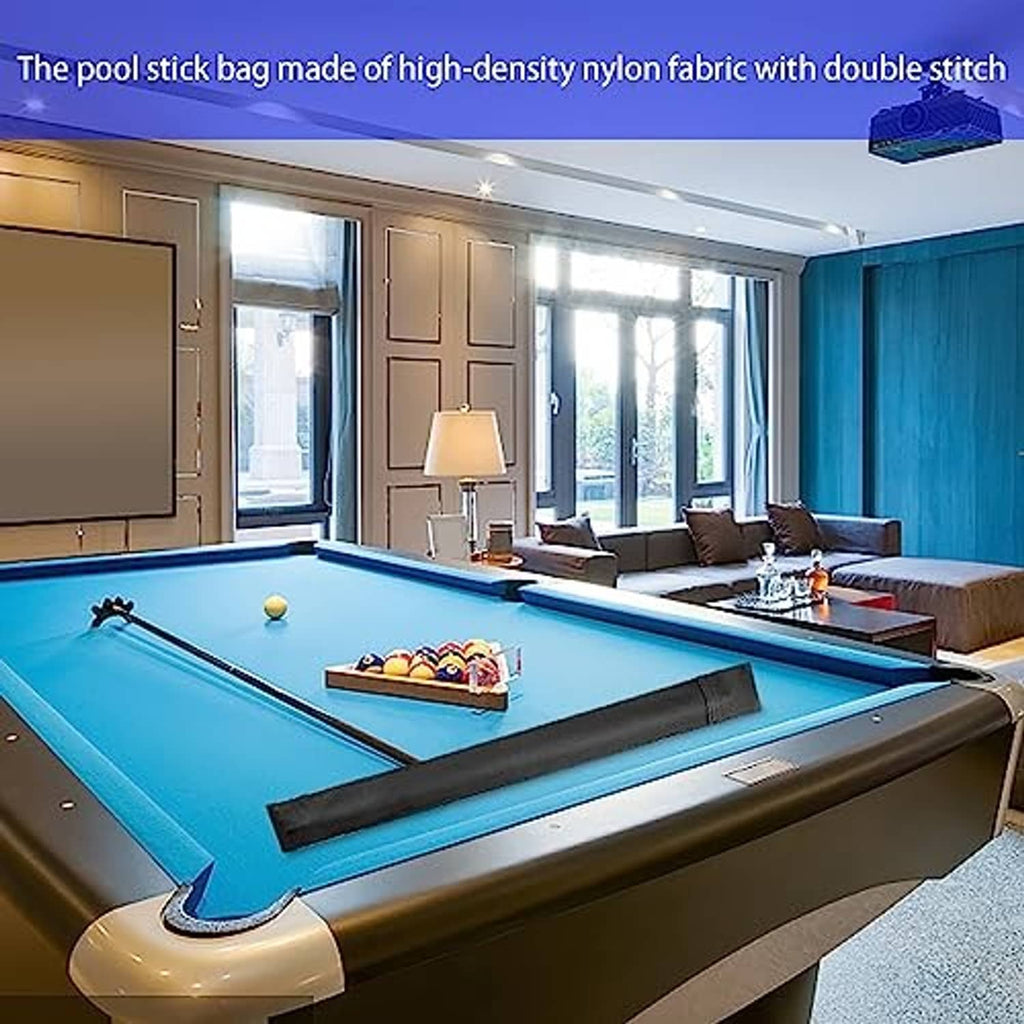 Black soft pool cue bag resting on a billiards table edge
