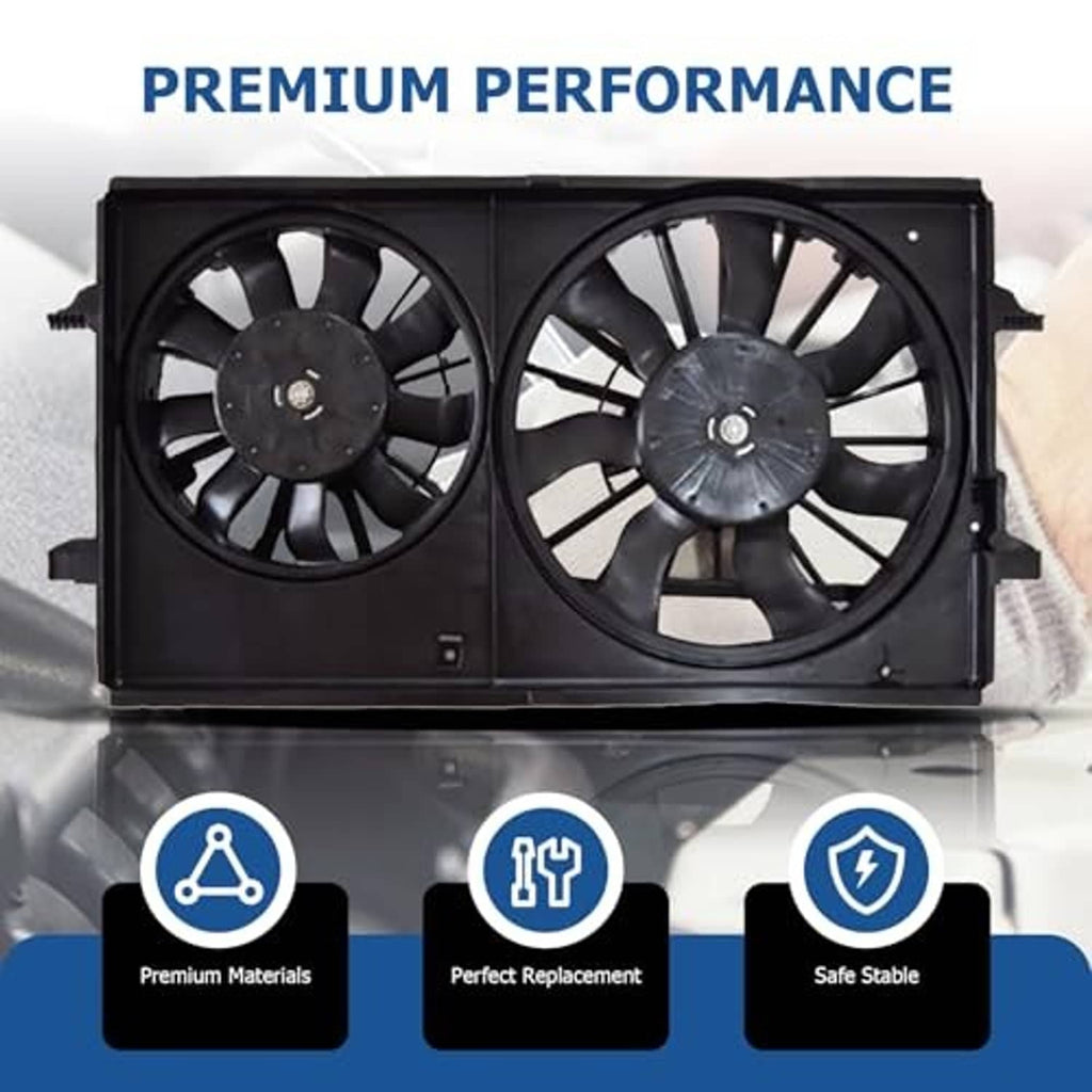 Black dual radiator cooling fan assembly mounted in rectangular housing