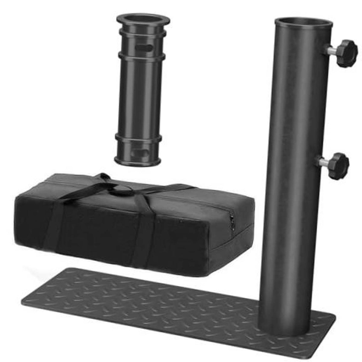 Black tire-mount flagpole holder with diamond base plate, pole sleeve, and bag