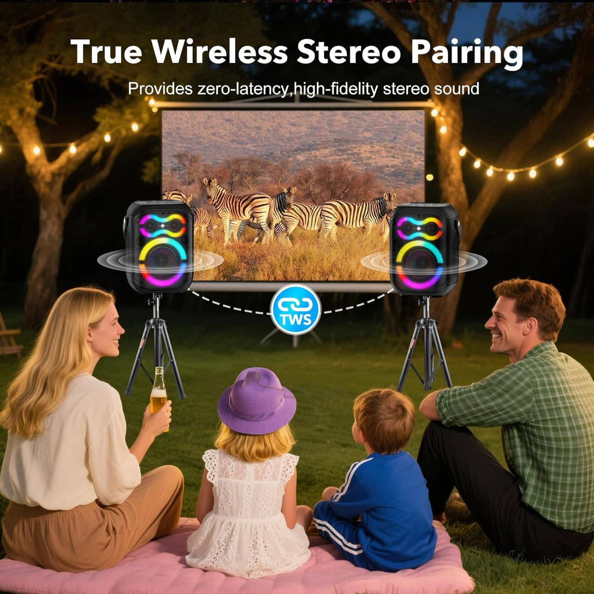 Pair of portable Bluetooth speakers with RGB lights for stereo sound pairing