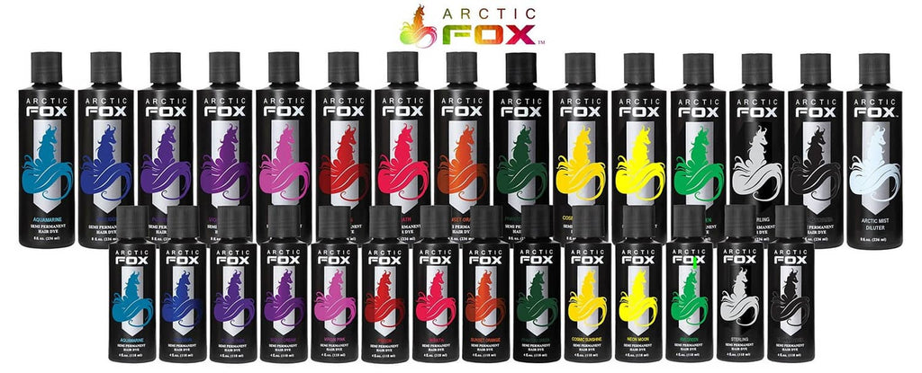 ARCTIC FOX hair dye bottles lineup in multiple colors on a product display