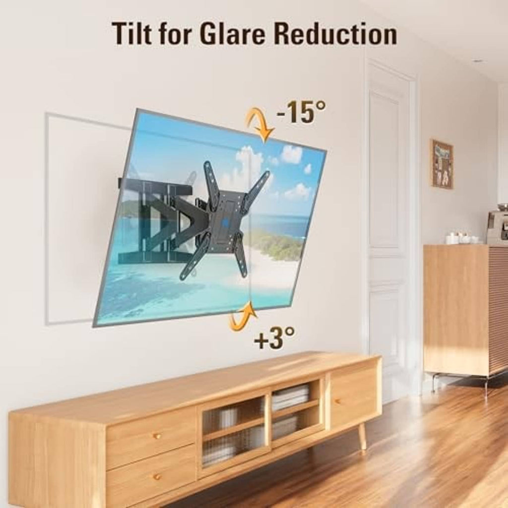 Black TV wall mount bracket showing tilt angle for glare reduction