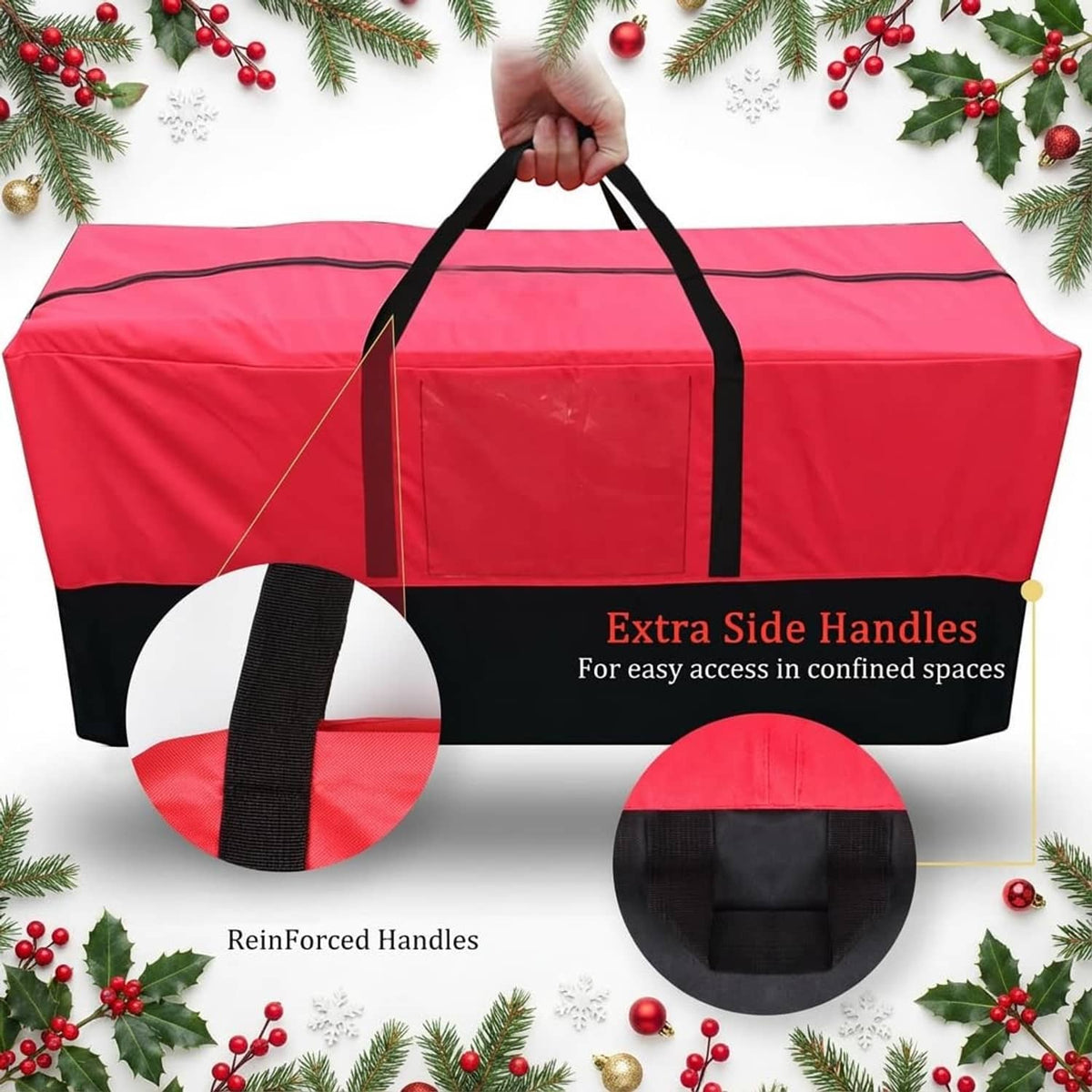 Red and black Christmas tree storage bag with extra reinforced side handles for lifting.