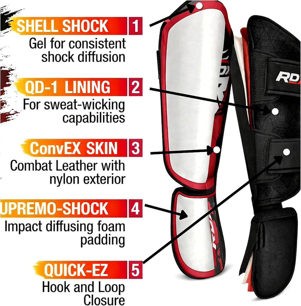 RDX shin instep pads shown with feature callouts; black pads with red graphic design