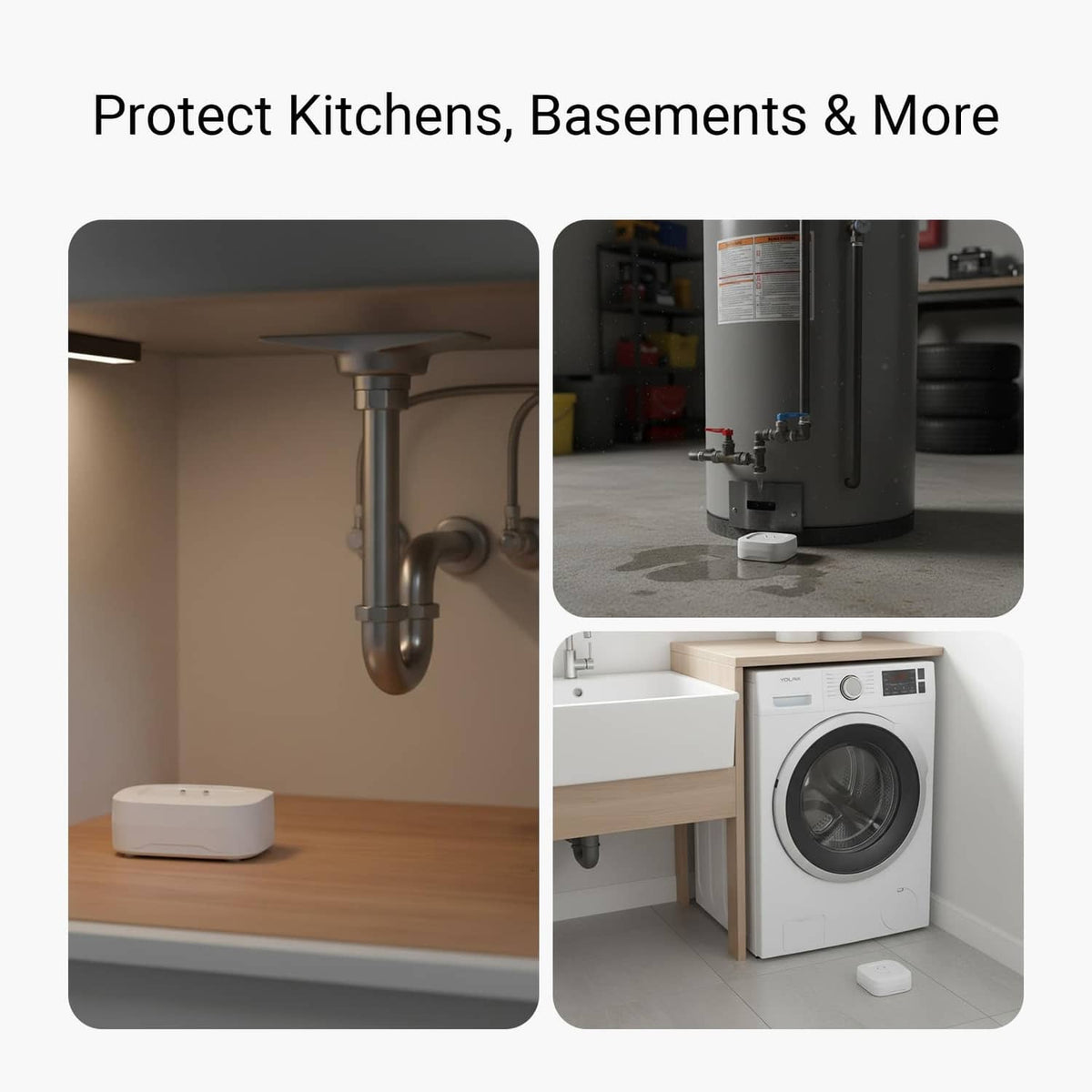 White water leak sensor shown near plumbing and a washing machine