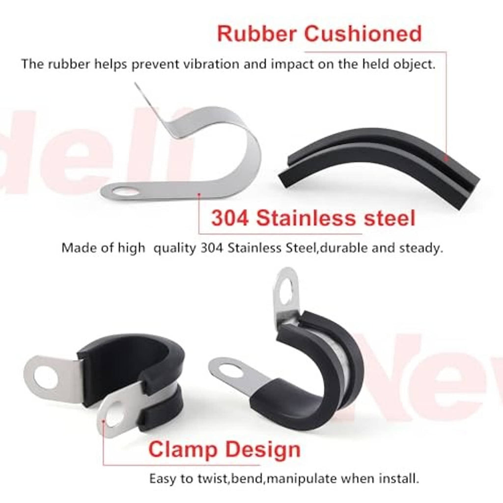 Rubber cushioned stainless steel cable clamps with black inner lining, looped design