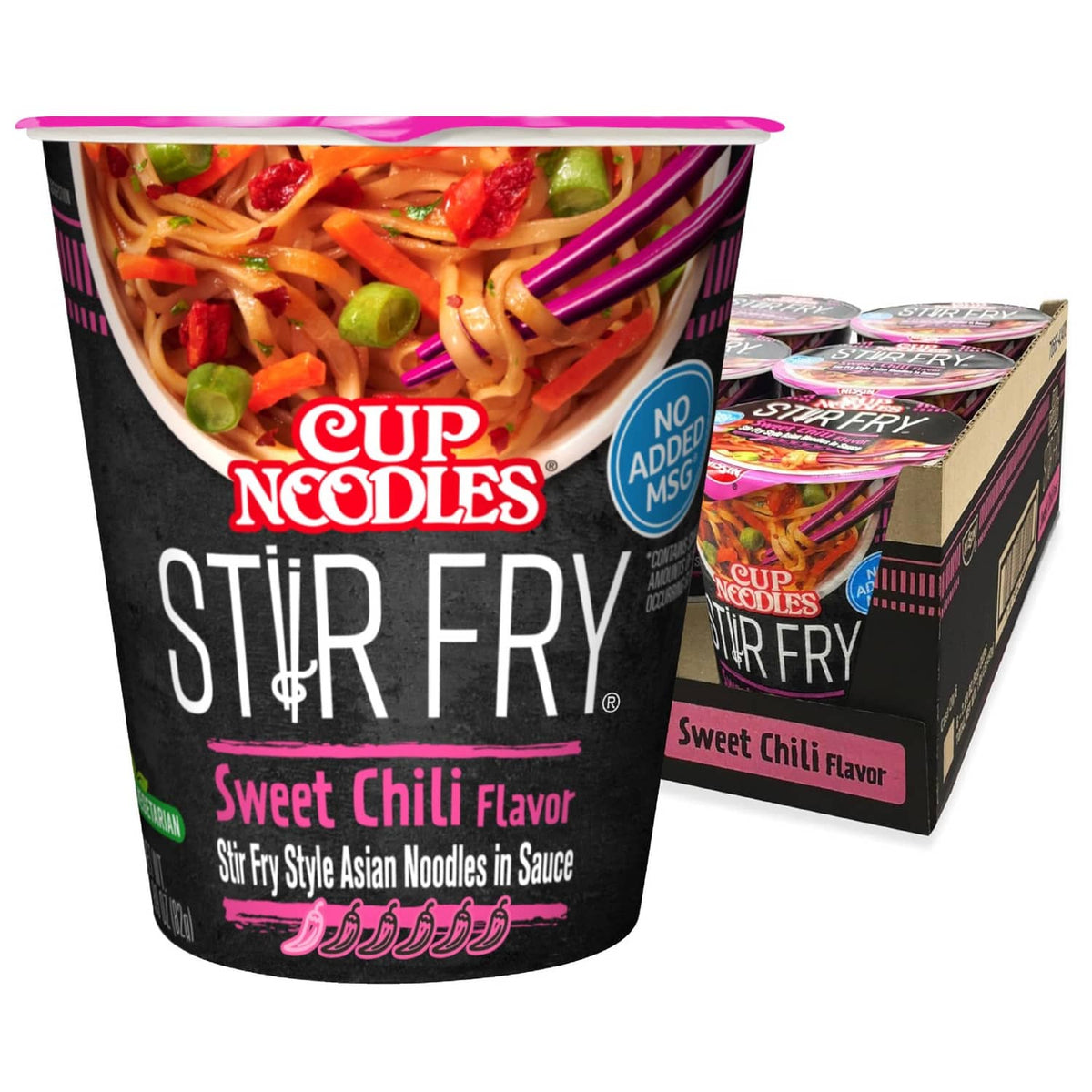 Sweet chili flavor Cup Noodles Stir Fry cup with two matching flavor boxes