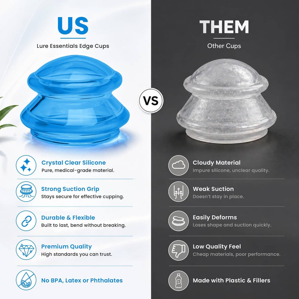 Blue silicone cupping cups with stacked set view and size comparison panel