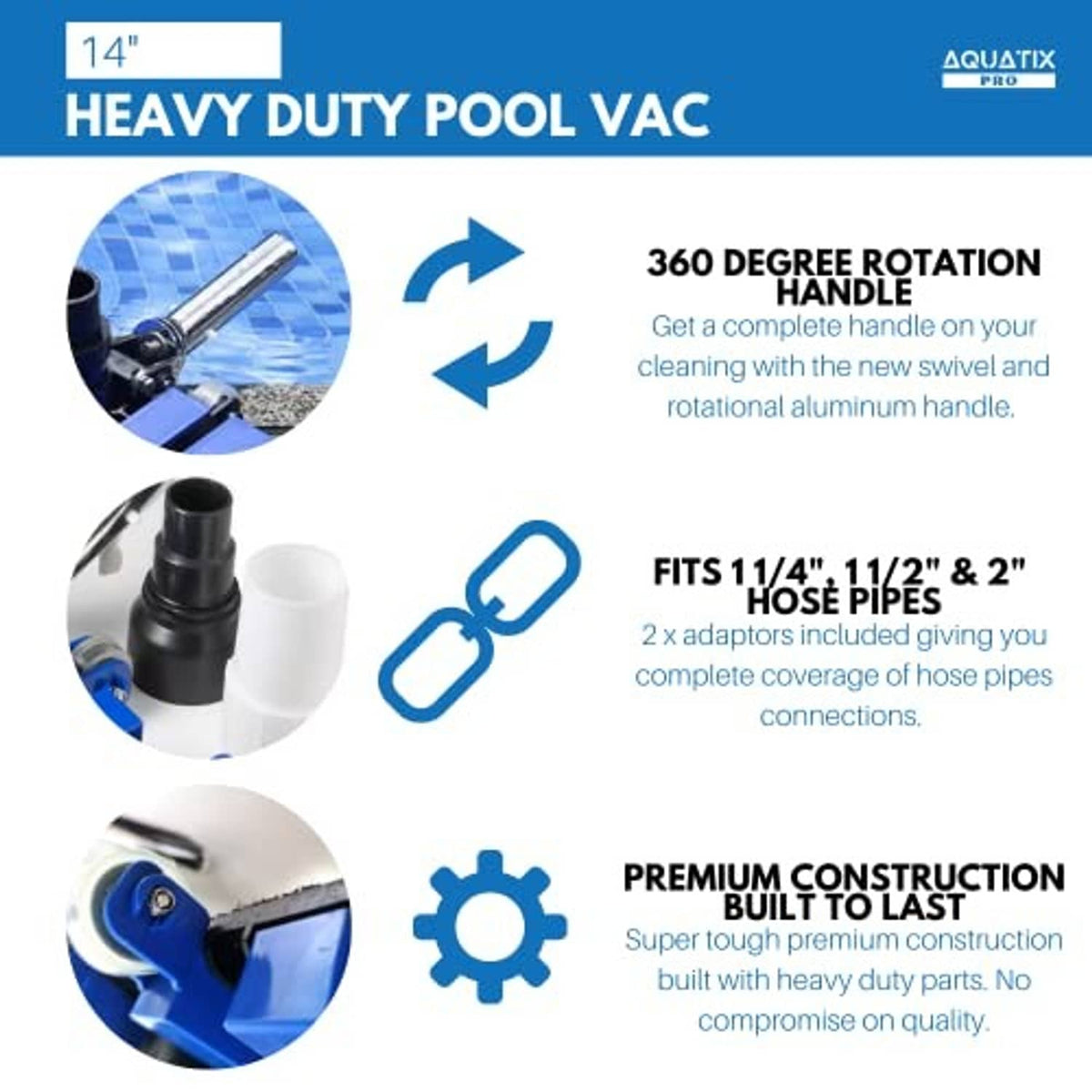 Pool vacuum head with 360-degree rotating handle, wheels, weighted plates, and hose adapters.