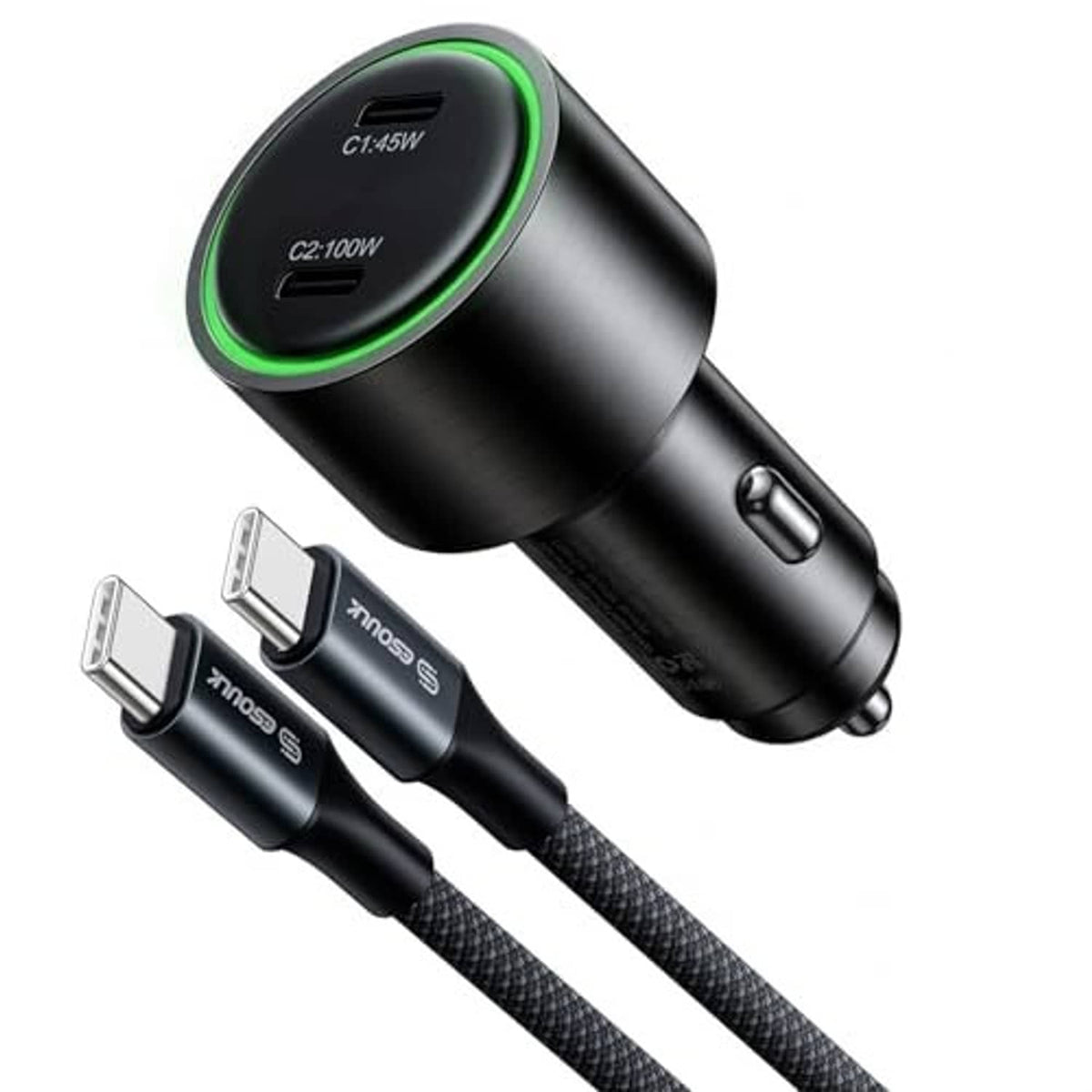Black dual USB-C car charger adapter with green LED ring and two cable ends