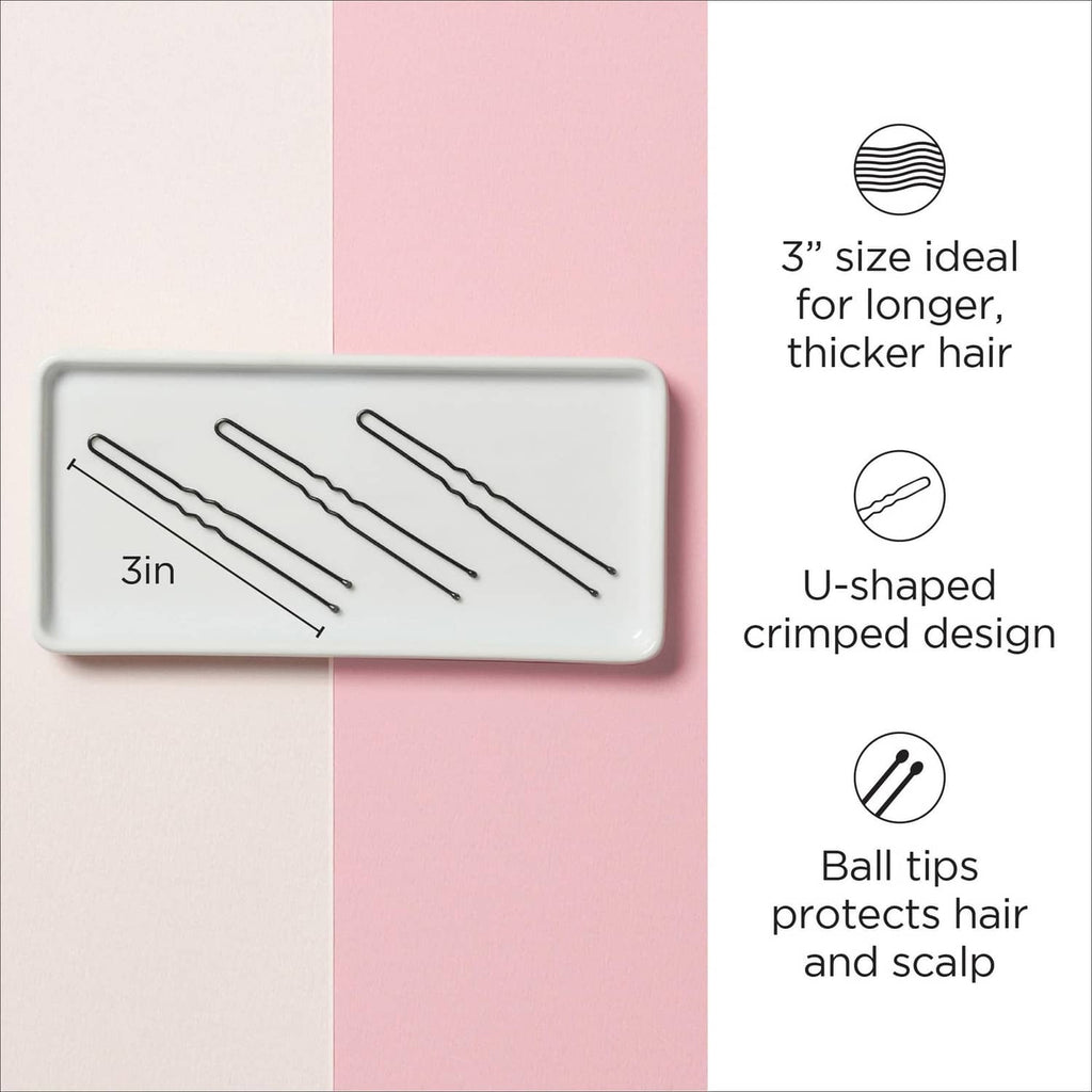 Black 3-inch hair pins, U-shaped crimped design with ball tips to protect scalp