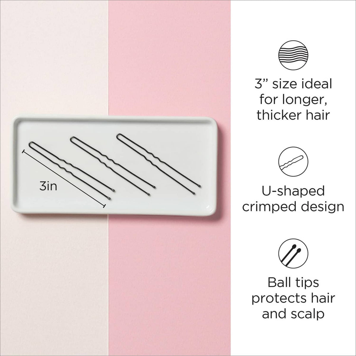 Black 3-inch hair pins, U-shaped crimped design with ball tips to protect scalp