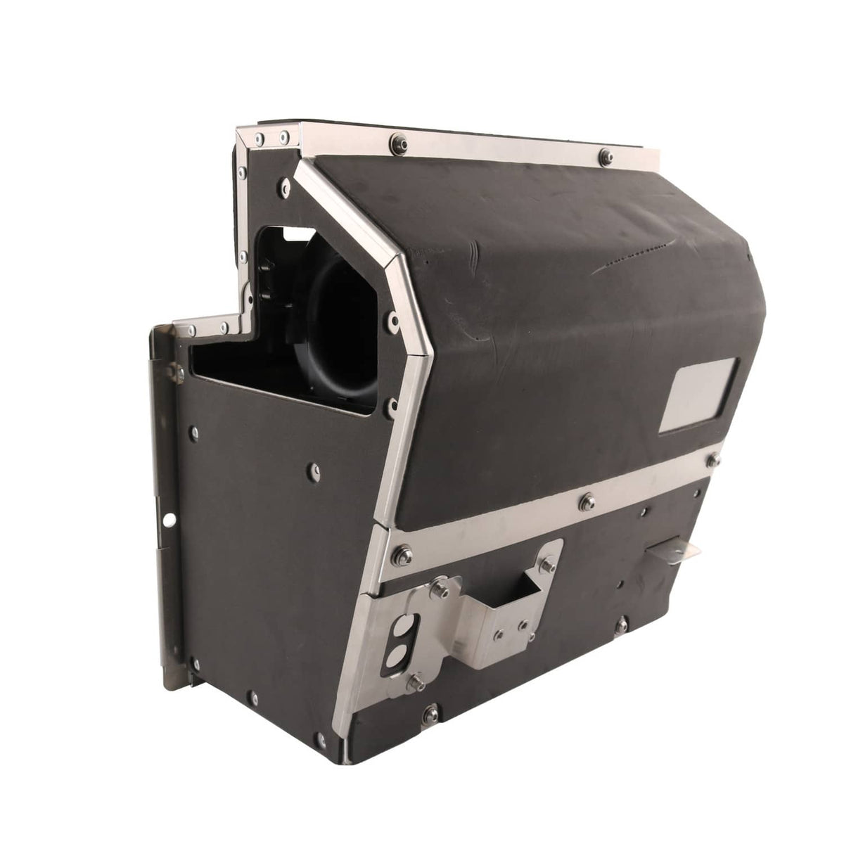 Aluminum heater box kit with front opening and hinged side panel, black and silver