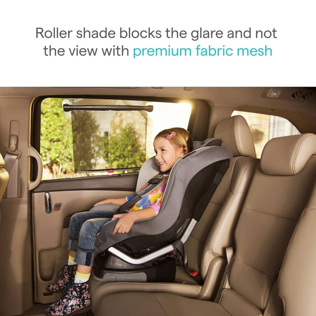 Black mesh car window roller shade with top bar, mounted on a car window for sun glare reduction