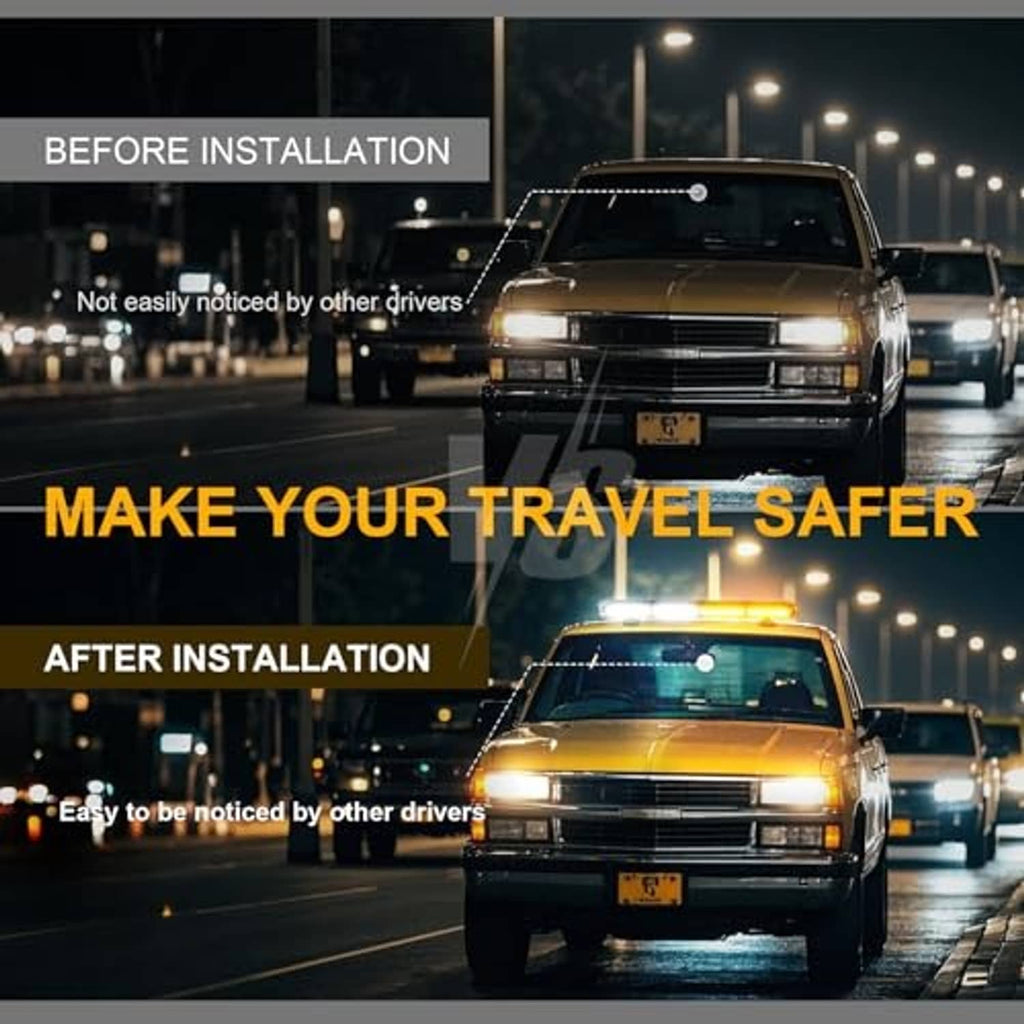 Amber and white rooftop emergency LED strobe light bar mounted on a vehicle roof