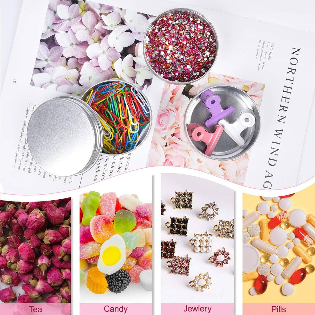 Round aluminum tin can with screw lid, empty storage container, silver