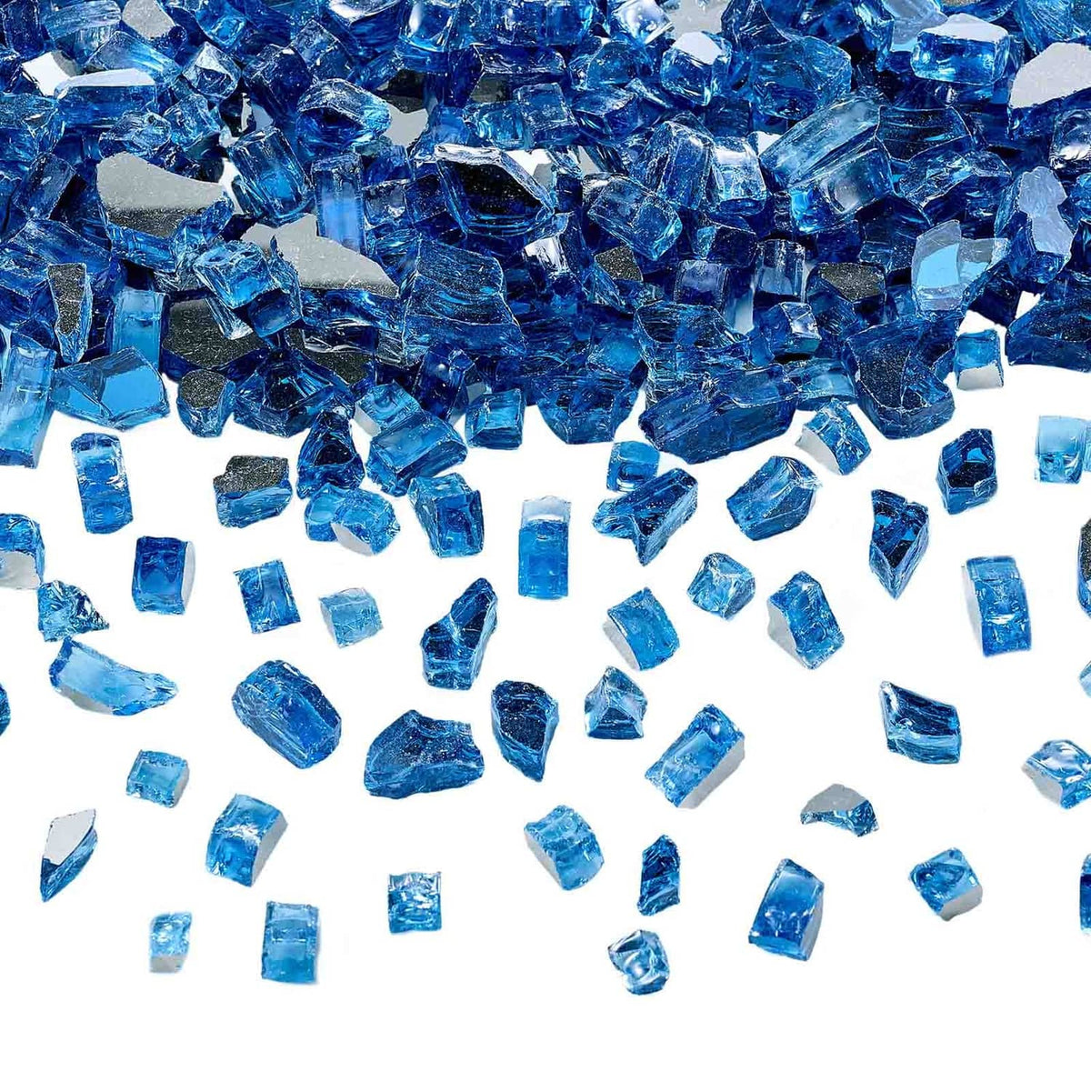 Pacific Blue fire pit glass rocks, 1/2-inch blue glass pieces spread out