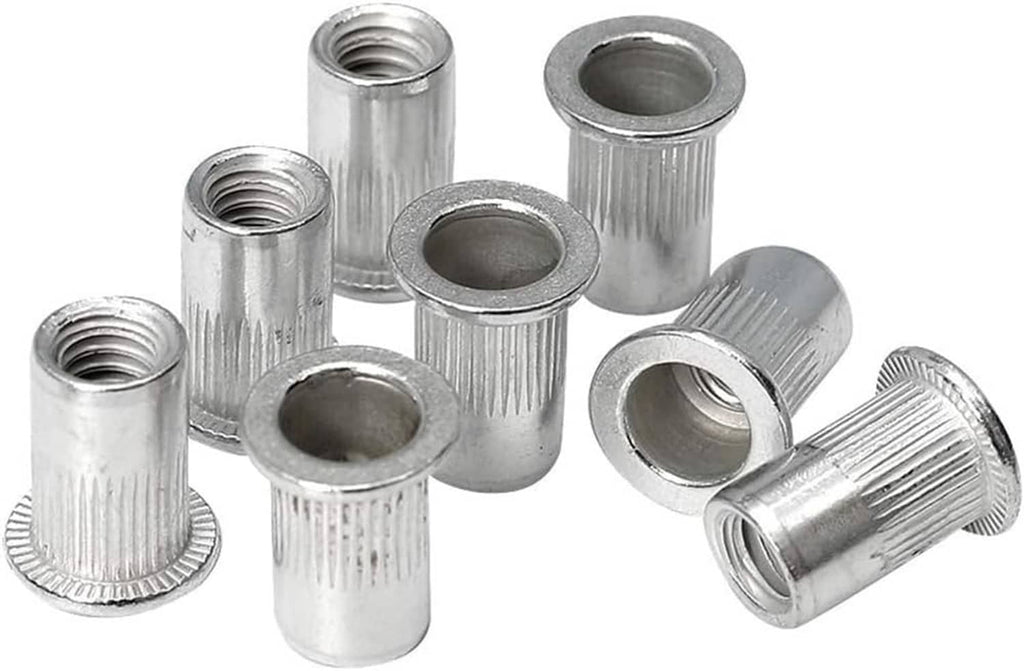Silver aluminum threaded rivet nuts, upright cylindrical inserts with internal threaded holes