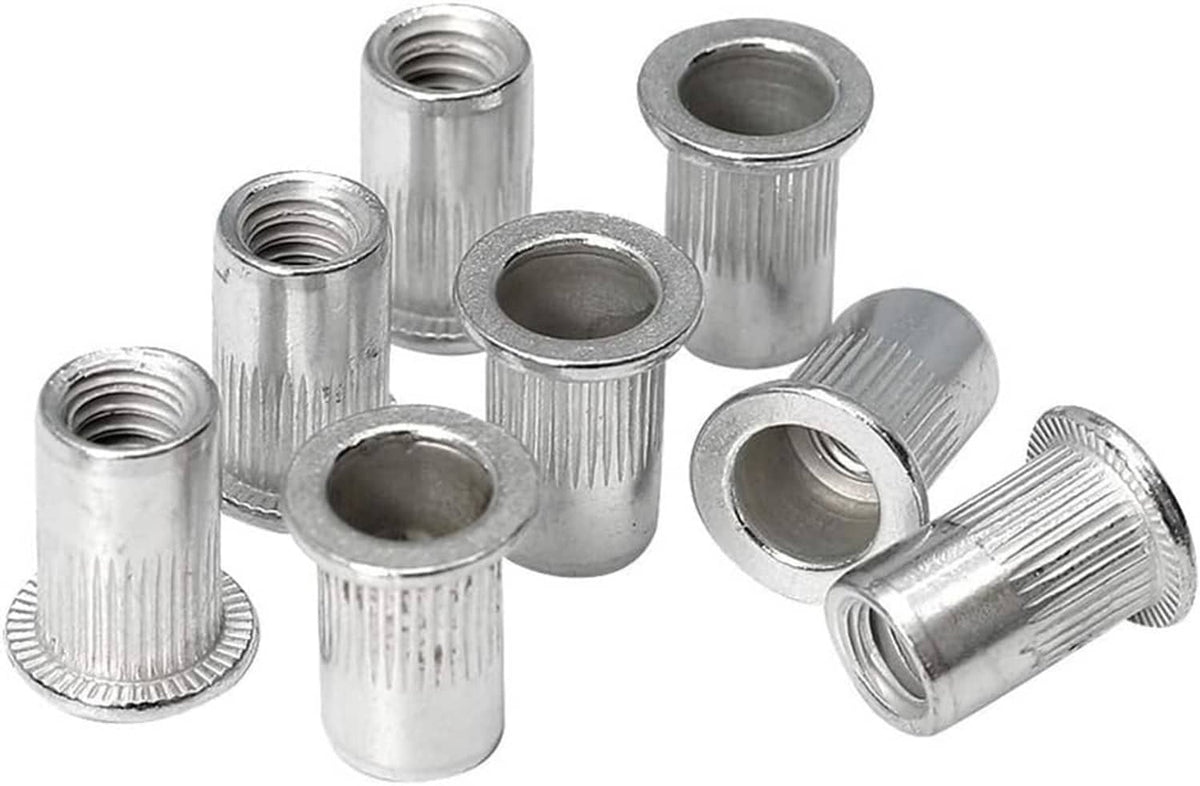 Silver aluminum threaded rivet nuts, upright cylindrical inserts with internal threaded holes