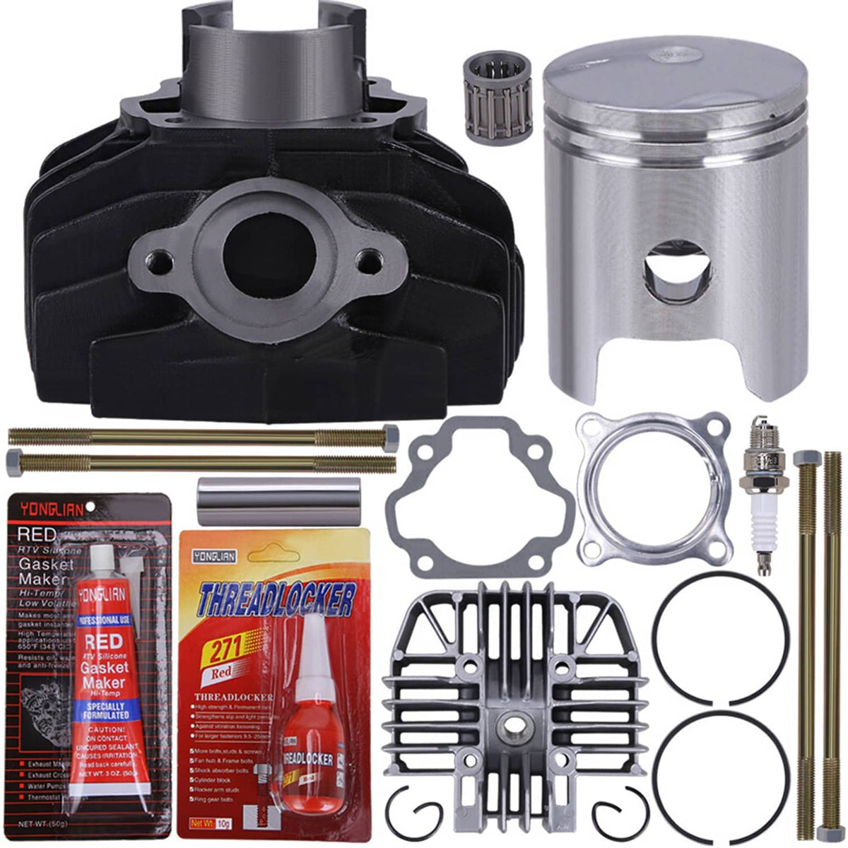 Cylinder piston gasket set kit with black cylinder, silver piston, gaskets, hardware and tools